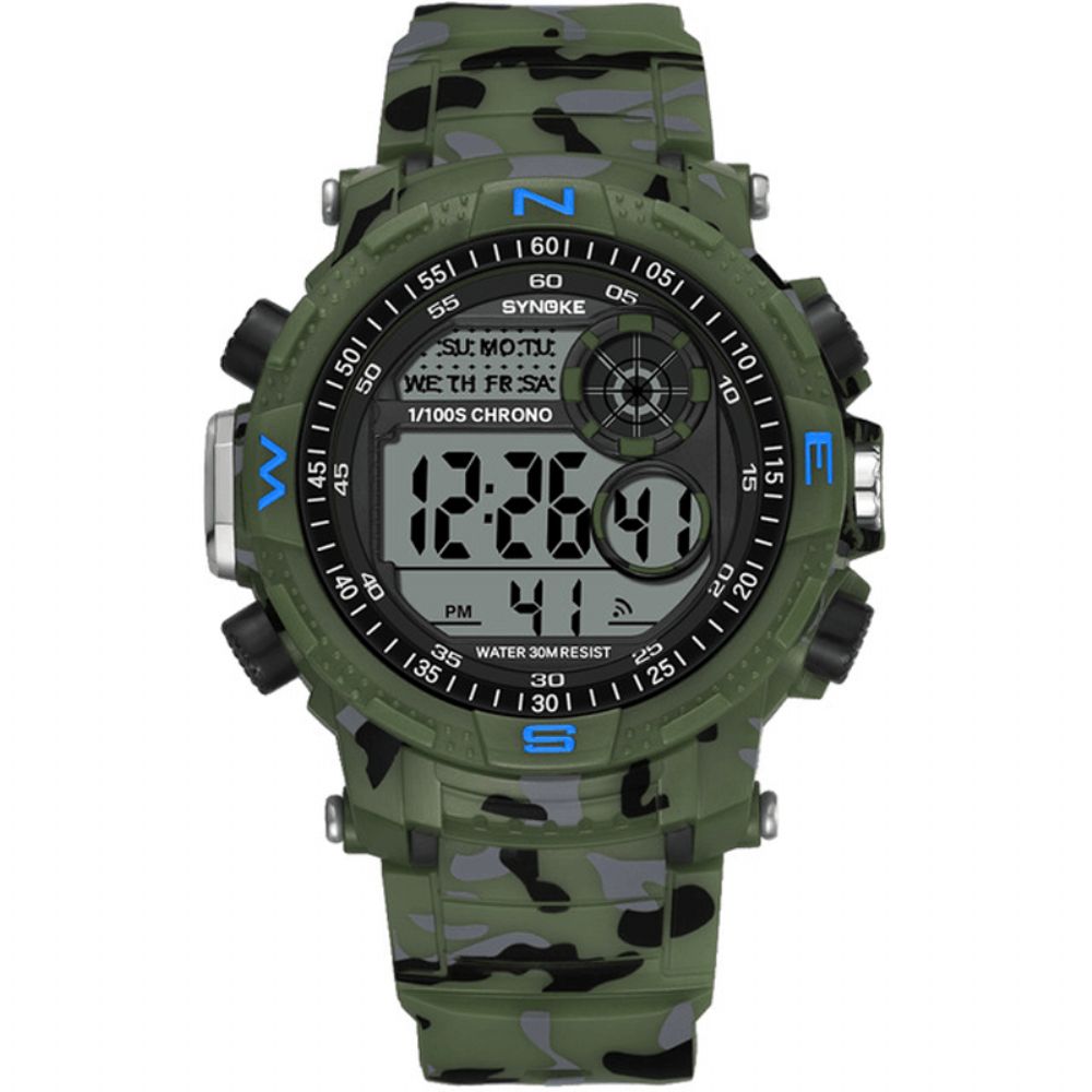 Synoke 9033 Sport Herenhorloge Waterdicht Lichtgevende Datum Weekweergave Camouflage Buiten Digitaal Horloge