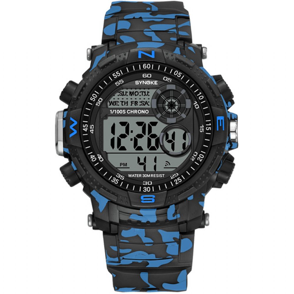 Synoke 9033 Sport Herenhorloge Waterdicht Lichtgevende Datum Weekweergave Camouflage Buiten Digitaal Horloge