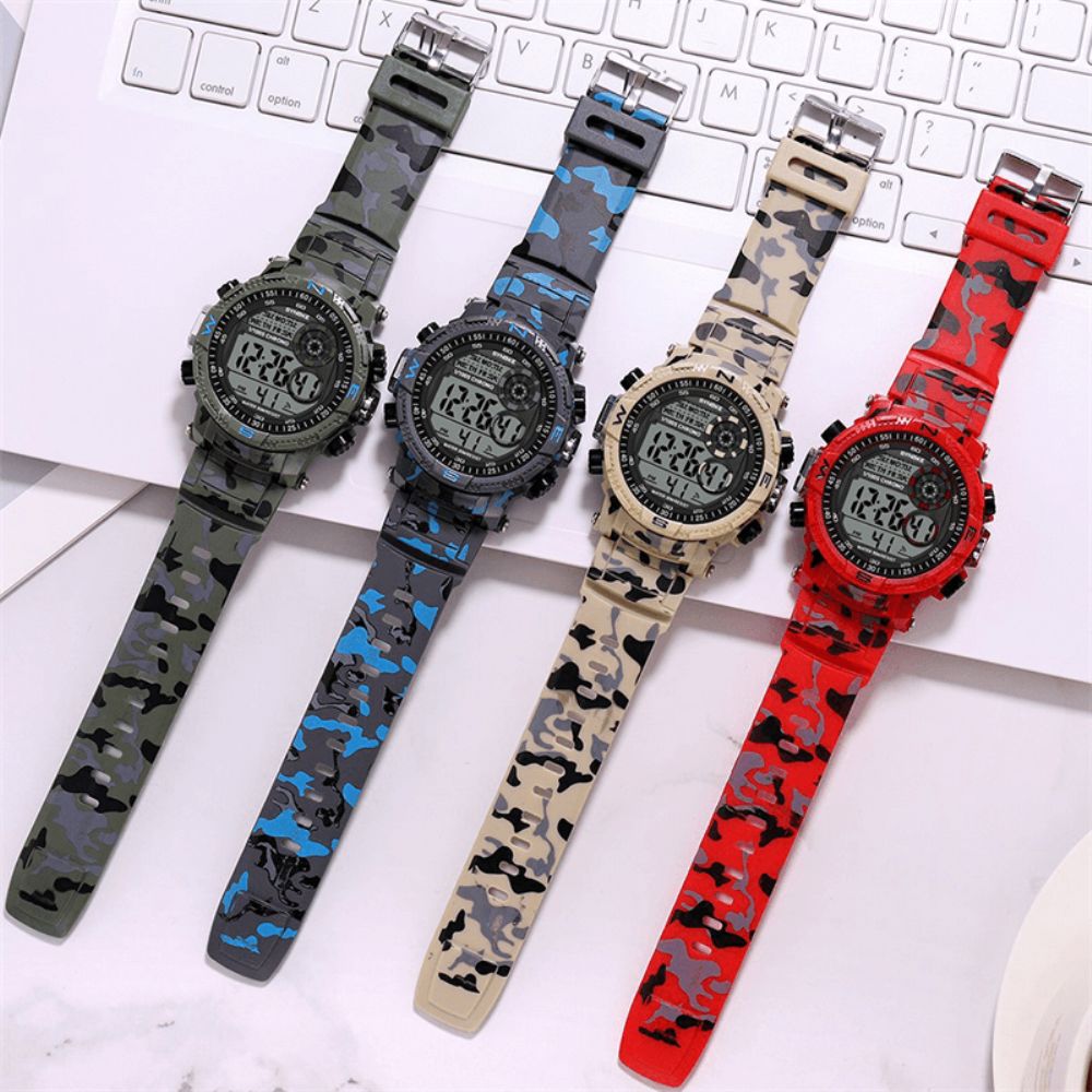 Synoke 9033 Sport Herenhorloge Waterdicht Lichtgevende Datum Weekweergave Camouflage Buiten Digitaal Horloge