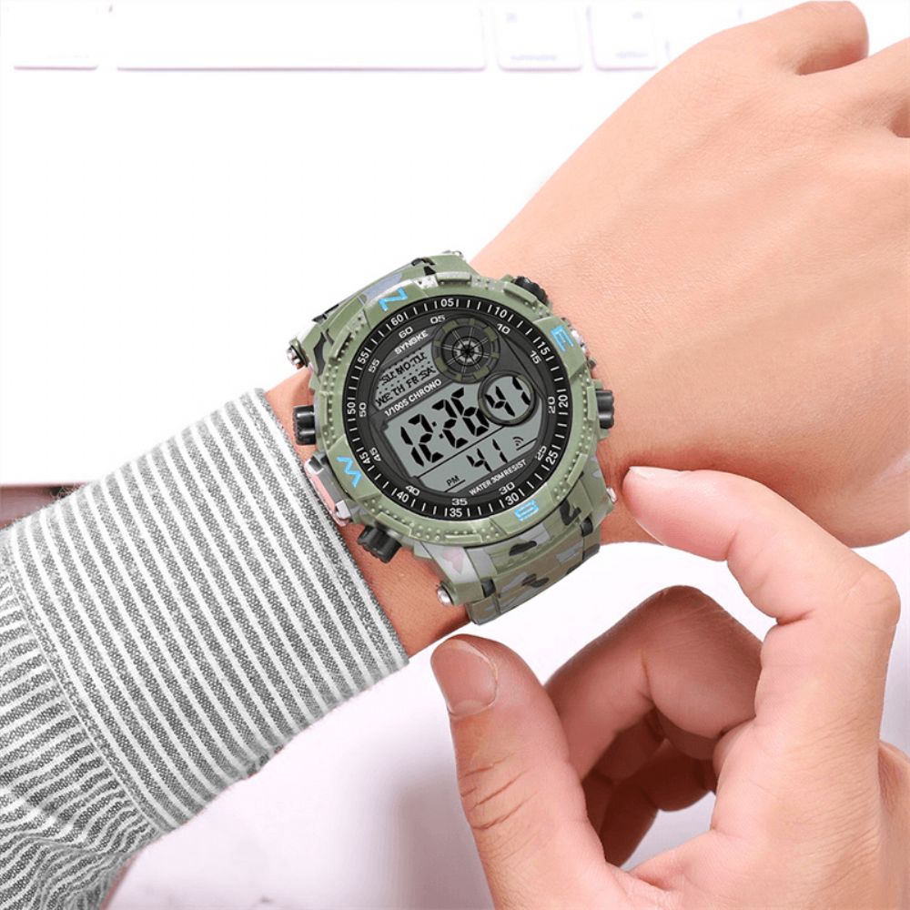 Synoke 9033 Sport Herenhorloge Waterdicht Lichtgevende Datum Weekweergave Camouflage Buiten Digitaal Horloge