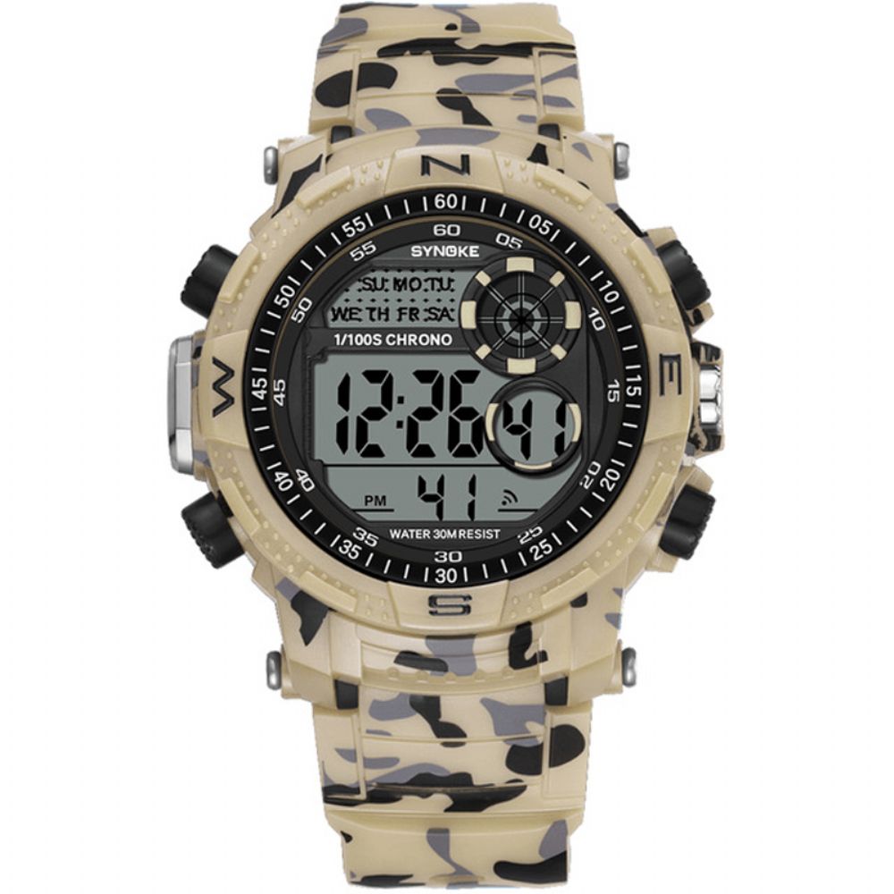 Synoke 9033 Sport Herenhorloge Waterdicht Lichtgevende Datum Weekweergave Camouflage Buiten Digitaal Horloge