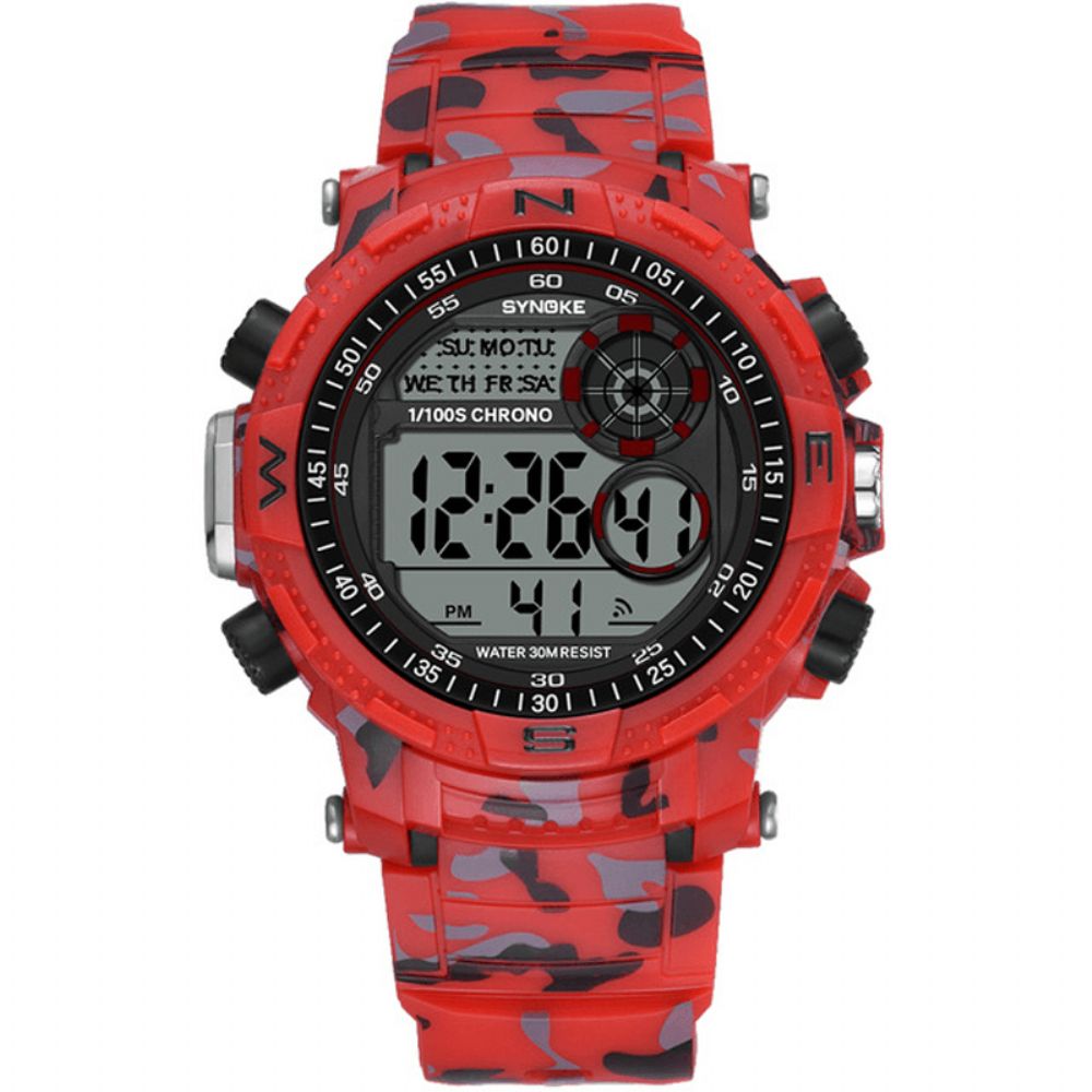 Synoke 9033 Sport Herenhorloge Waterdicht Lichtgevende Datum Weekweergave Camouflage Buiten Digitaal Horloge