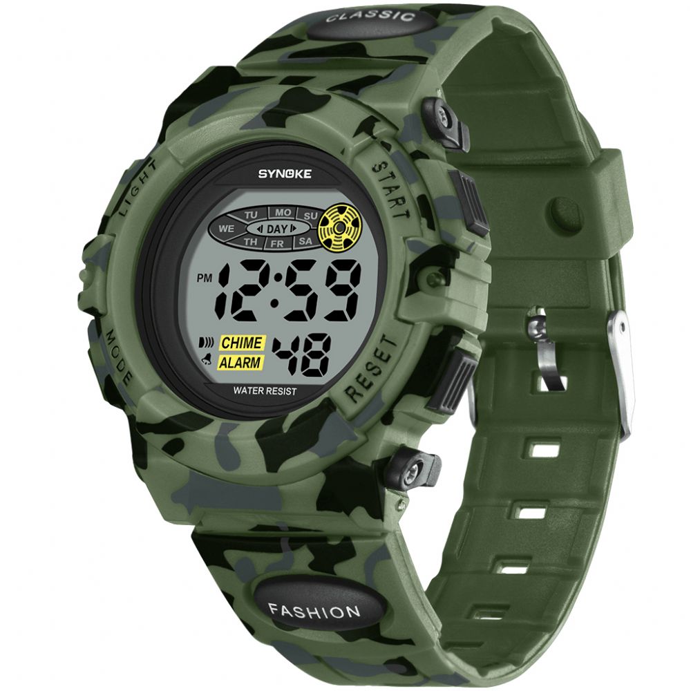 Synoke 9035 Kids Led Kleurrijk Lichtgevend Camouflage Sport Digitaal Horloge