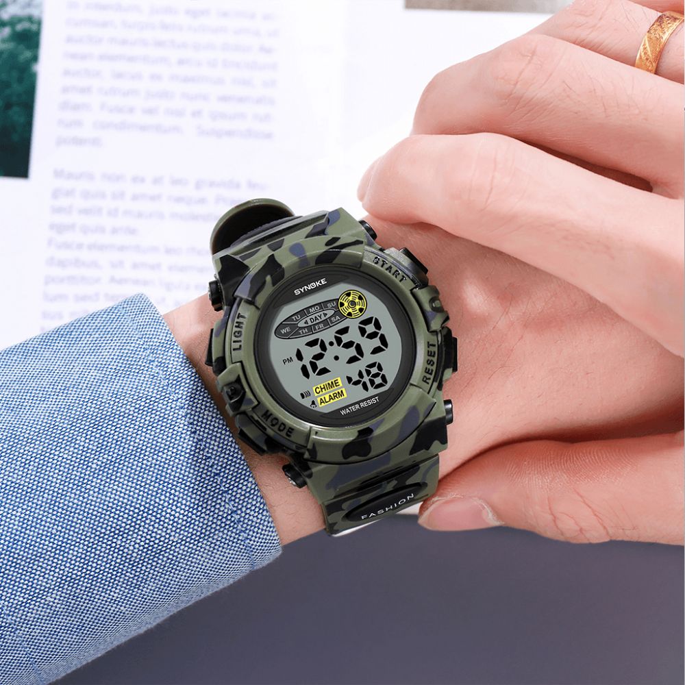 Synoke 9035 Kids Led Kleurrijk Lichtgevend Camouflage Sport Digitaal Horloge