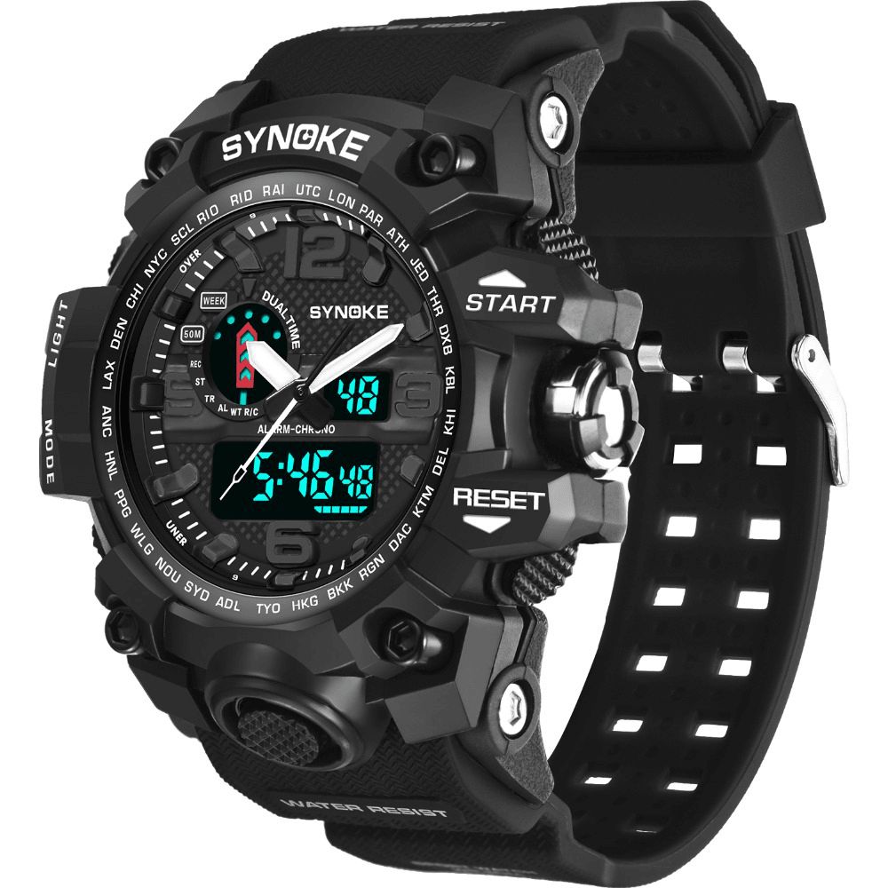 Synoke 9401 Sport Heren Digitaal Horloge 5Atm Waterdicht Dual Time Lichtgevend Display Dual Display Horloge