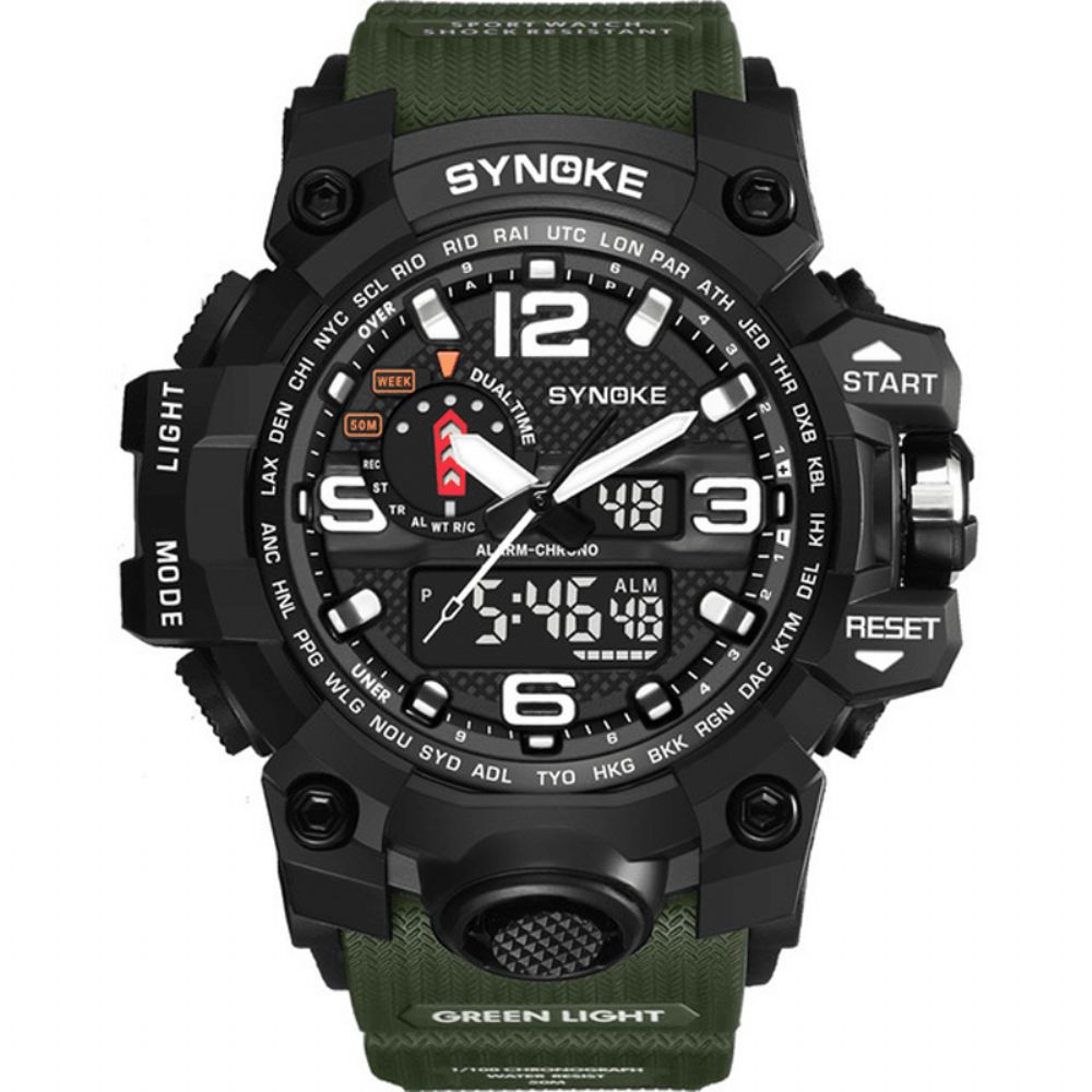 Synoke 9401 Sport Heren Digitaal Horloge 5Atm Waterdicht Dual Time Lichtgevend Display Dual Display Horloge