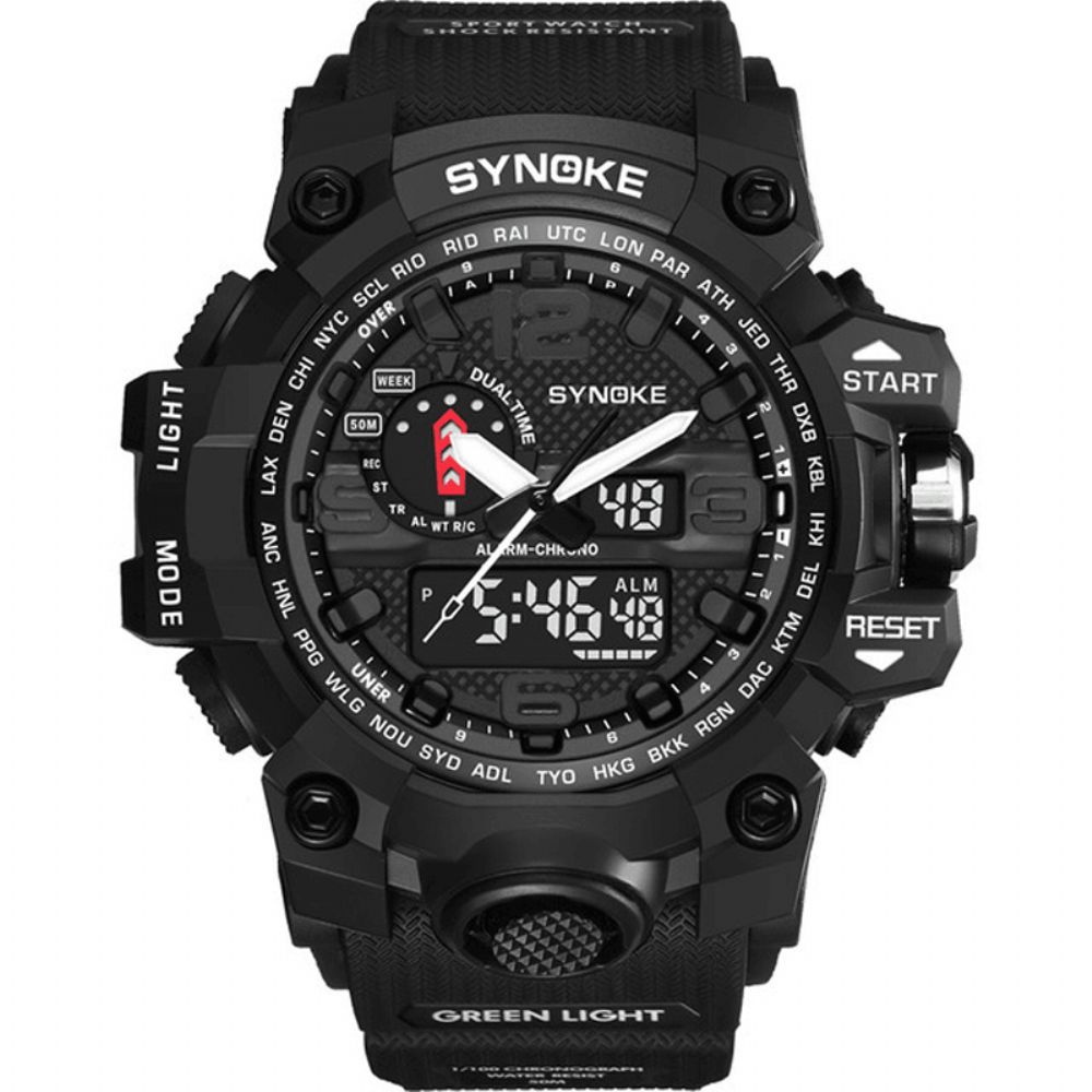 Synoke 9401 Sport Heren Digitaal Horloge 5Atm Waterdicht Dual Time Lichtgevend Display Dual Display Horloge