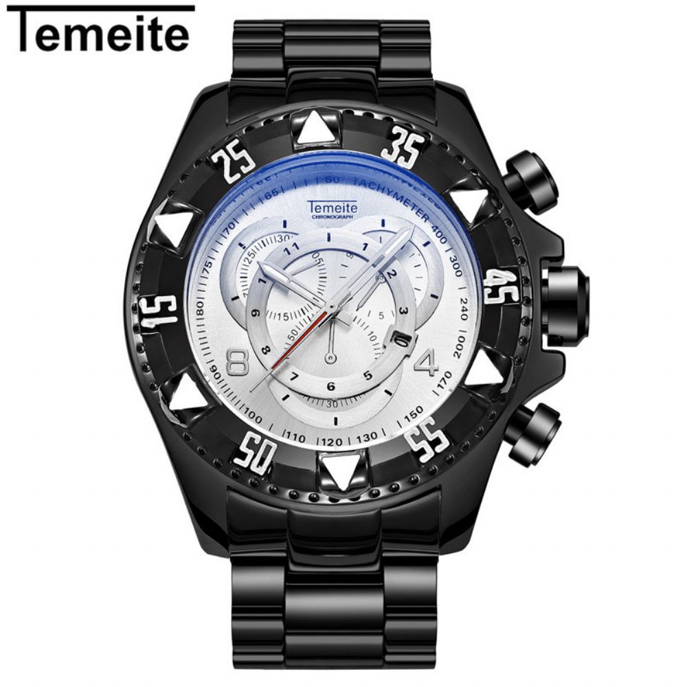 Temeite 020G Herenhorloge Zakelijk Waterdicht Lichtgevend Roestvrijstalen Kalender Drie-Ogen Quartz Horloge