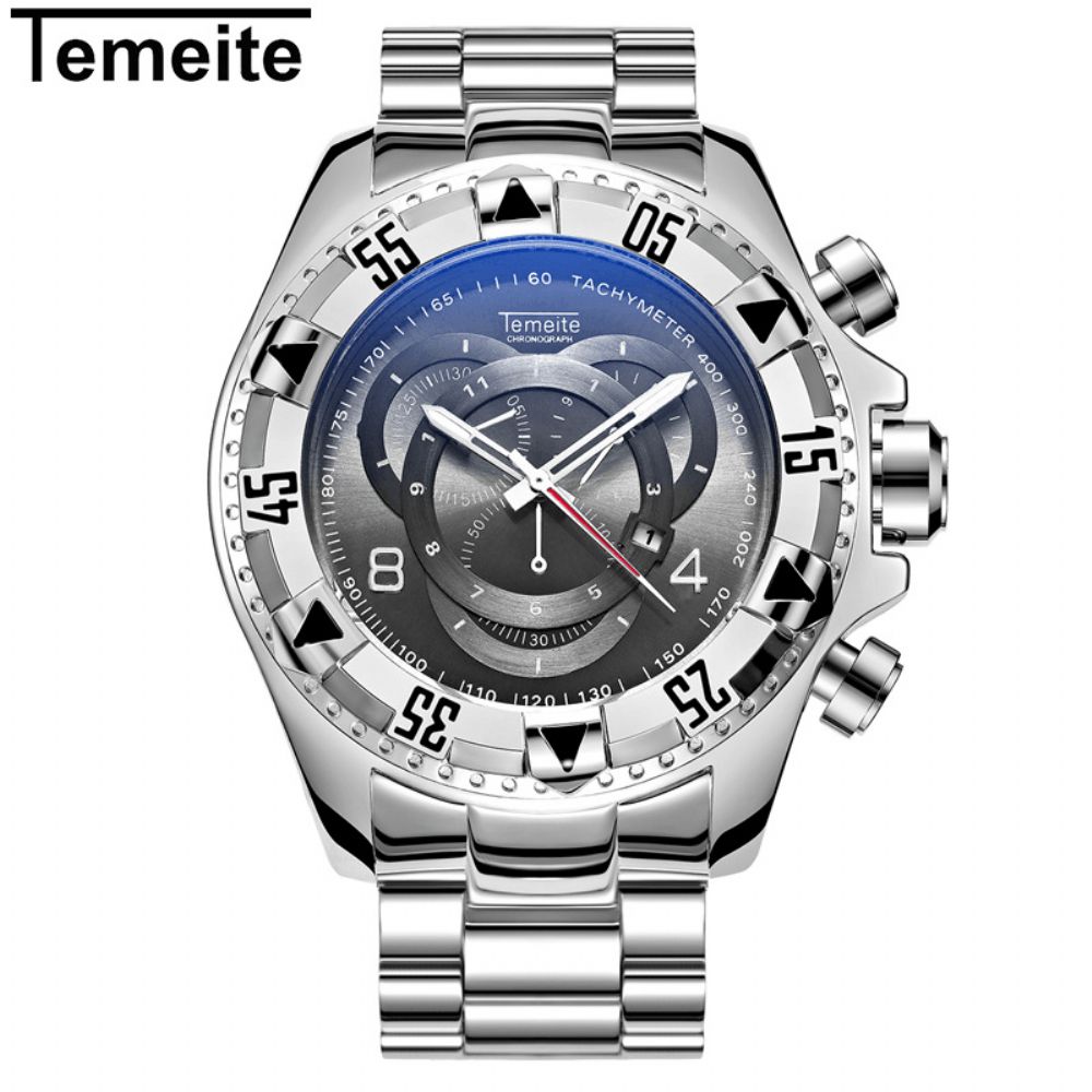 Temeite 020G Herenhorloge Zakelijk Waterdicht Lichtgevend Roestvrijstalen Kalender Drie-Ogen Quartz Horloge