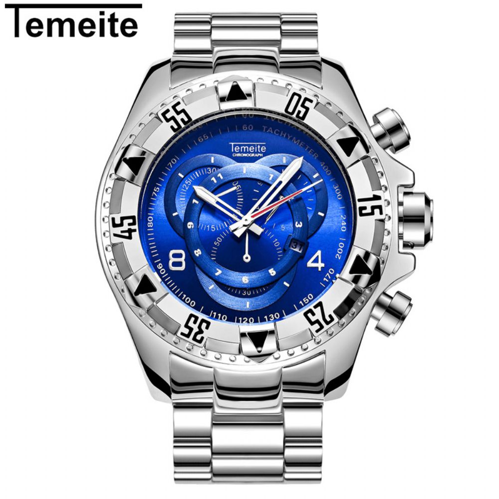 Temeite 020G Herenhorloge Zakelijk Waterdicht Lichtgevend Roestvrijstalen Kalender Drie-Ogen Quartz Horloge