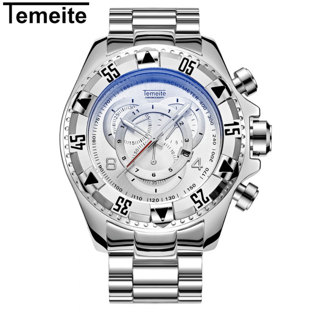 Temeite 020G Herenhorloge Zakelijk Waterdicht Lichtgevend Roestvrijstalen Kalender Drie-Ogen Quartz Horloge