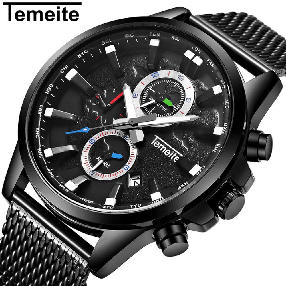 Temeite Heren Zakelijk Horloge Chronograaf Kalender Mode Casual 3Atm Waterdicht Quartz Horloge