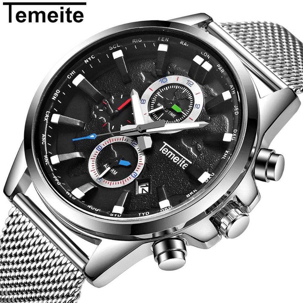 Temeite Heren Zakelijk Horloge Chronograaf Kalender Mode Casual 3Atm Waterdicht Quartz Horloge