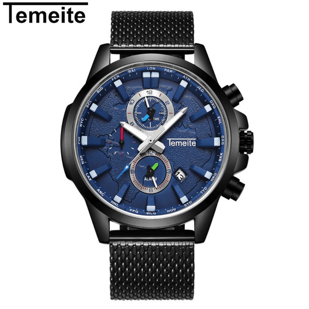 Temeite Heren Zakelijk Horloge Chronograaf Kalender Mode Casual 3Atm Waterdicht Quartz Horloge