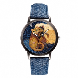 Temperament Cartoon Cat Blank Dial Match Denim Band Dames Quartz Horloge Polshorloge