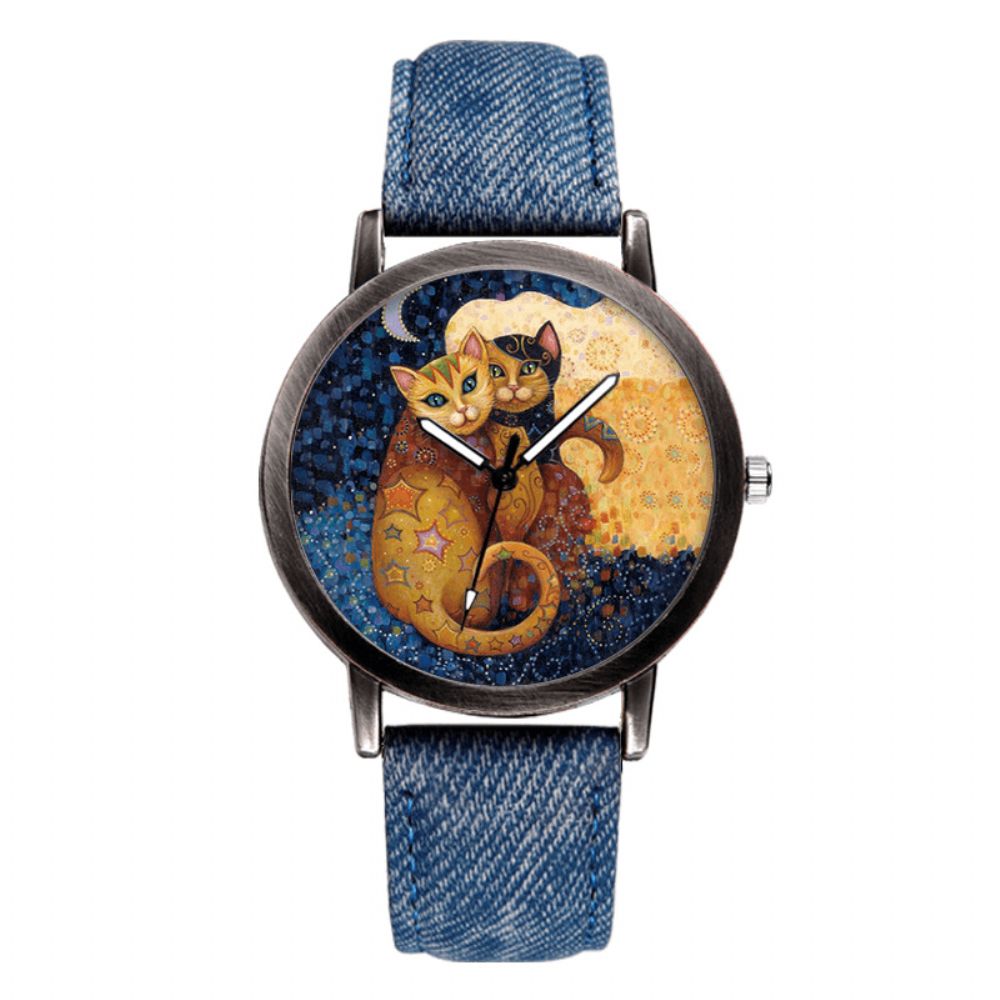 Temperament Cartoon Cat Blank Dial Match Denim Band Dames Quartz Horloge Polshorloge