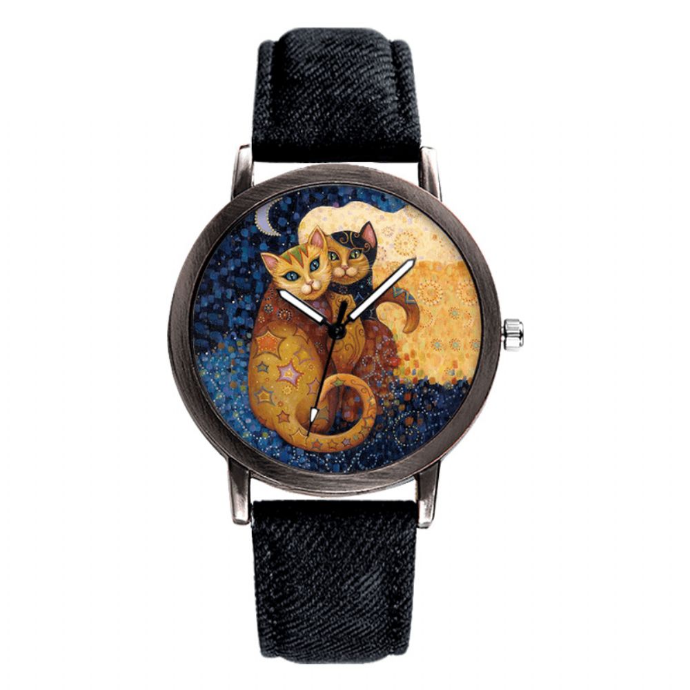 Temperament Cartoon Cat Blank Dial Match Denim Band Dames Quartz Horloge Polshorloge