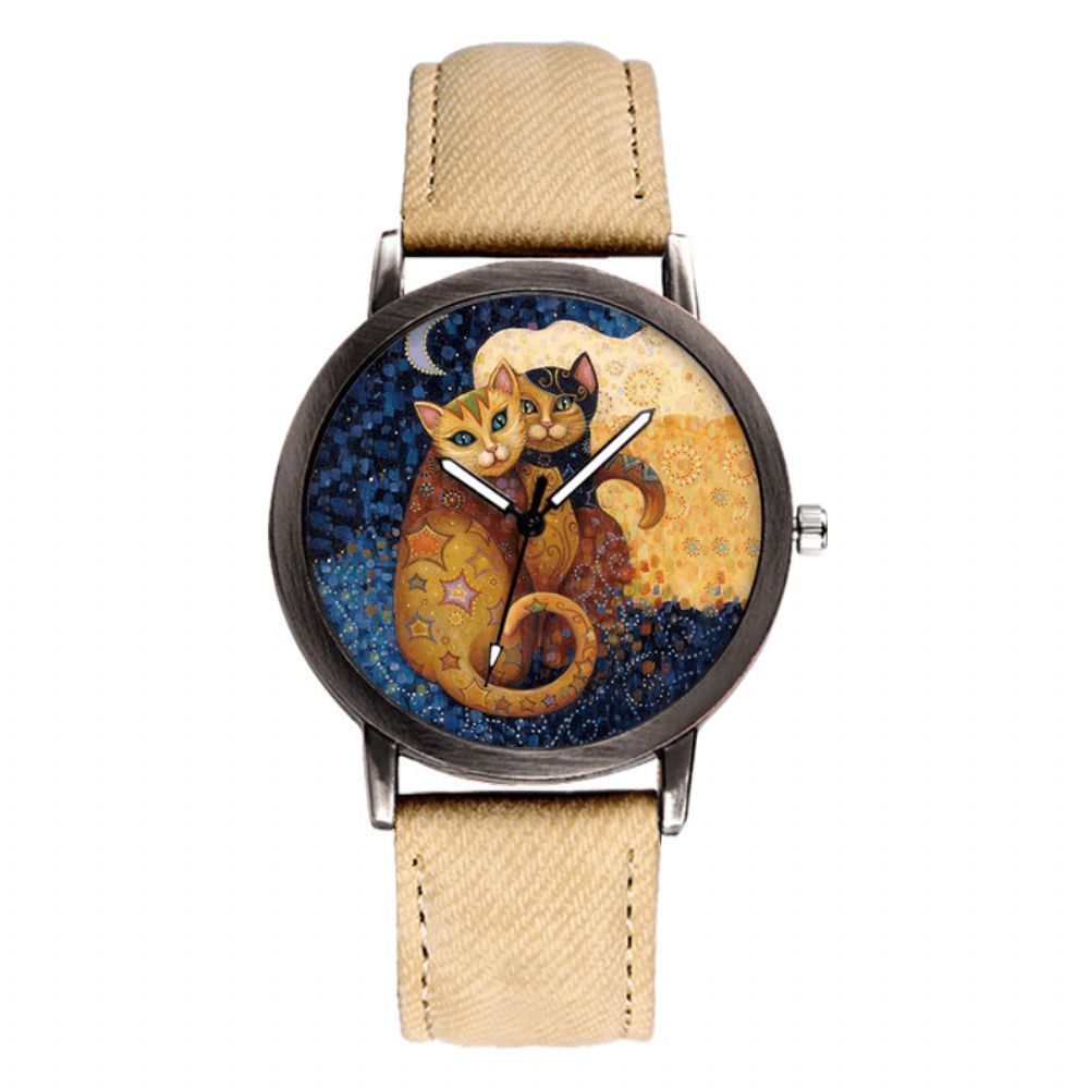 Temperament Cartoon Cat Blank Dial Match Denim Band Dames Quartz Horloge Polshorloge