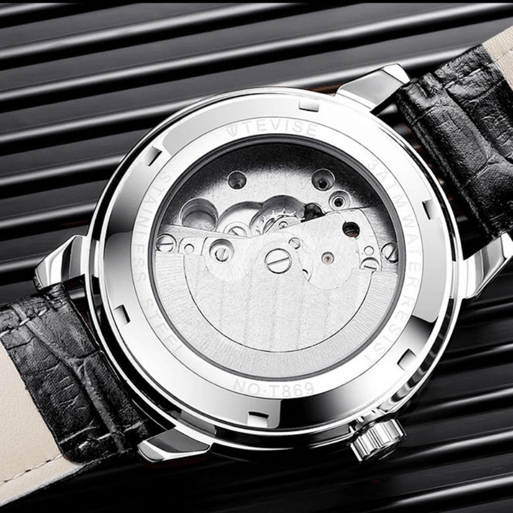 Tevise 820C Casual Stijl Automatisch Mechanisch Horloge 24 Uur Weergave Lederen Band Herenhorloge