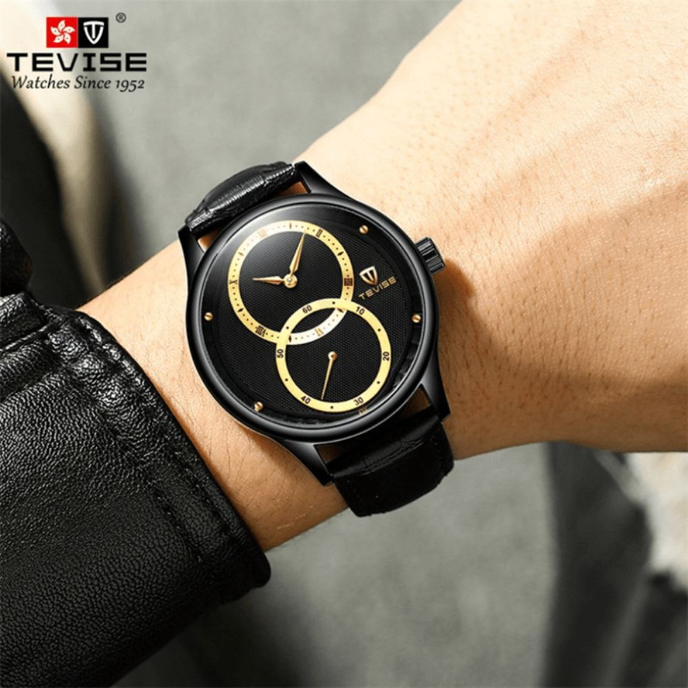 Tevise 820C Casual Stijl Automatisch Mechanisch Horloge 24 Uur Weergave Lederen Band Herenhorloge