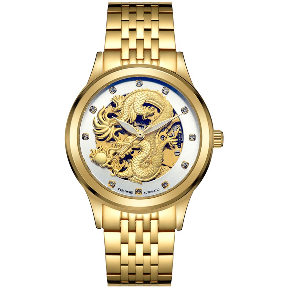 Tevise 9006 Mechanisch Horloge Heren Dames Hollow Dragon Phoenix Patroon Horloge Roestvrij Stalen Horloge