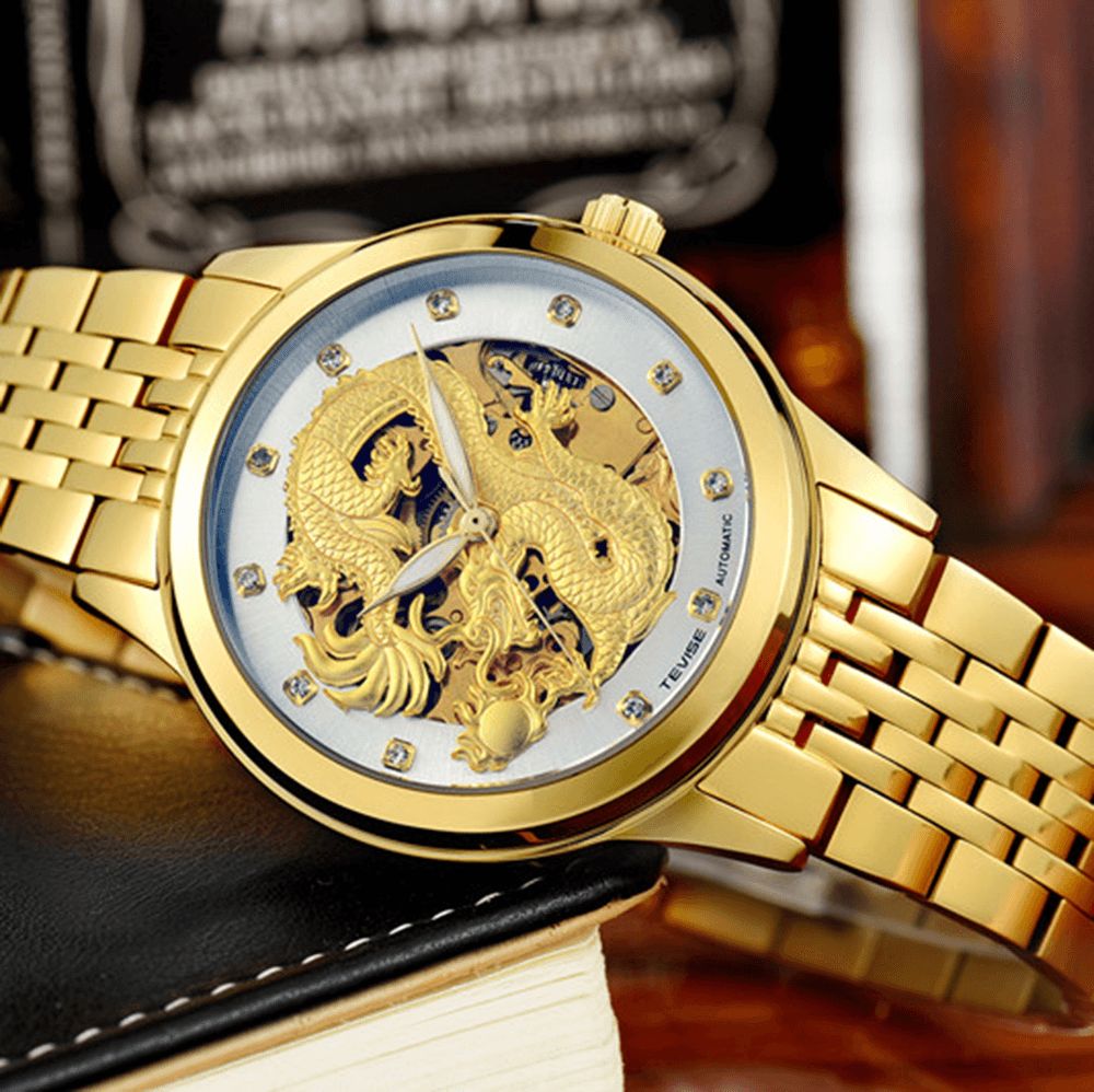 Tevise 9006 Mechanisch Horloge Heren Dames Hollow Dragon Phoenix Patroon Horloge Roestvrij Stalen Horloge