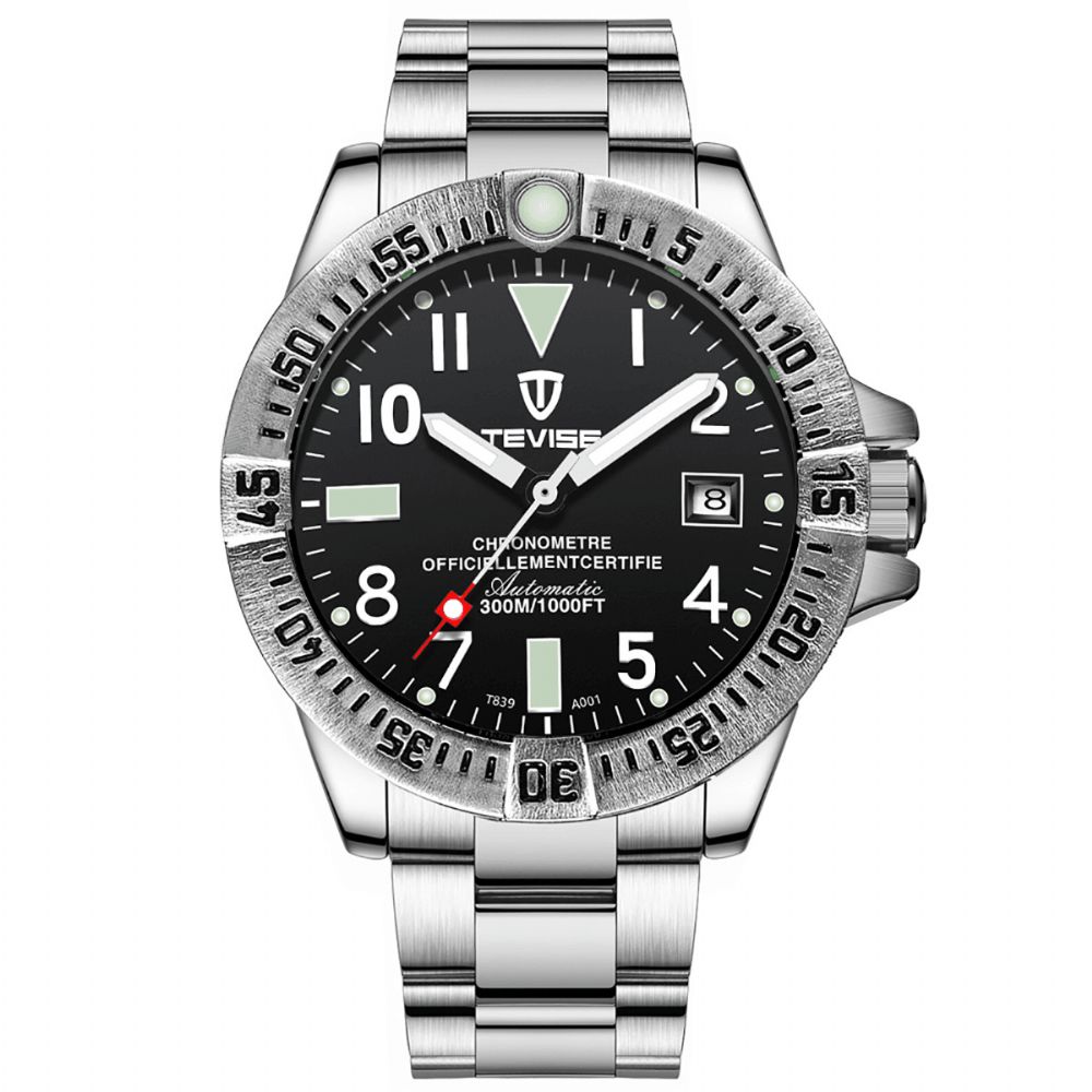 Tevise T839A Mode Herenhorloge 3Atm Waterdicht Lichtgevende Datumweergave Roestvrij Stalen Band Mechanisch Horloge