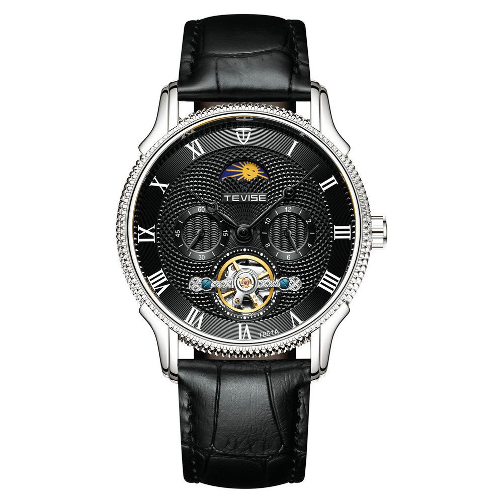 Tevise T851A Maanfase Automatisch Mechanisch Horloge Romeins Nummer Lederen Band Herenhorloge