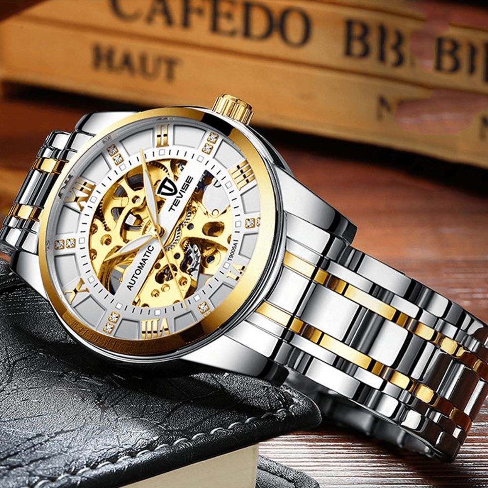 Tevise T9005A Mode Heren Automatisch Horloge Hollow-Carved Design Waterdicht Lichtgevend Mechanisch Horloge