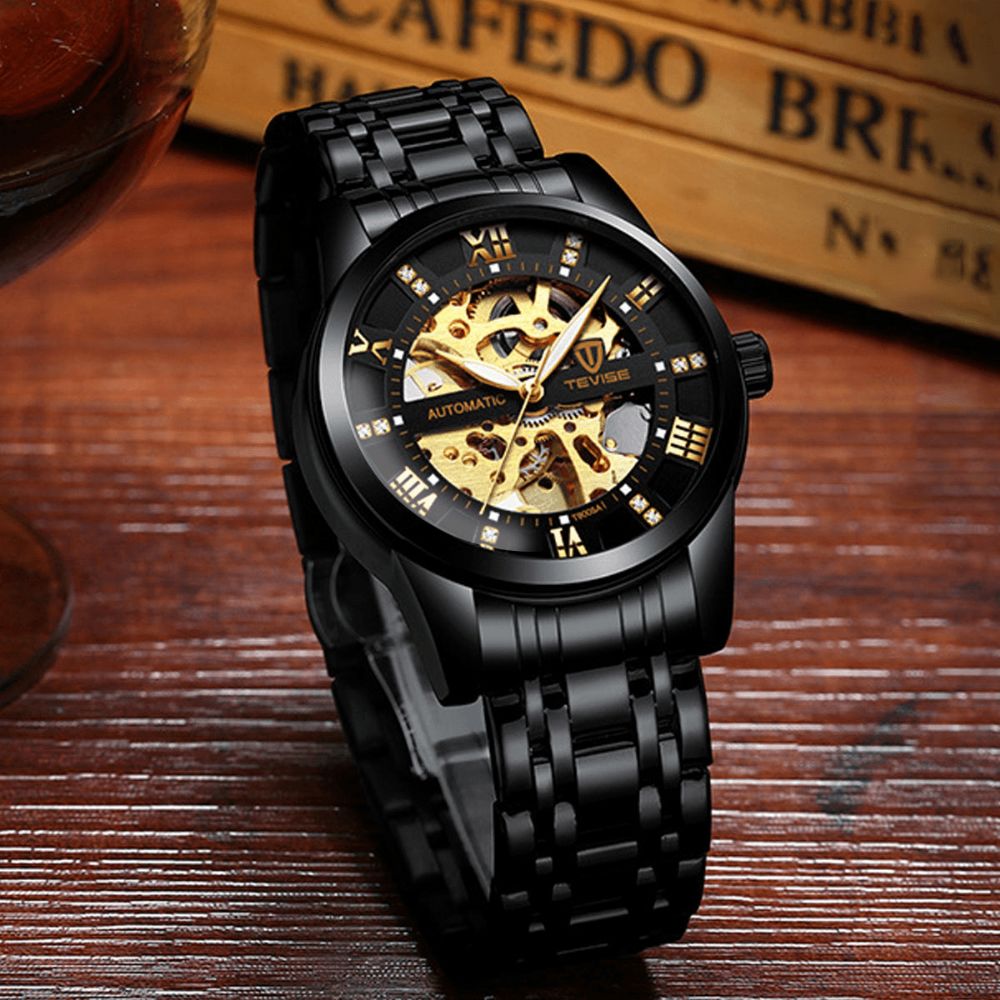 Tevise T9005A Mode Heren Automatisch Horloge Hollow-Carved Design Waterdicht Lichtgevend Mechanisch Horloge