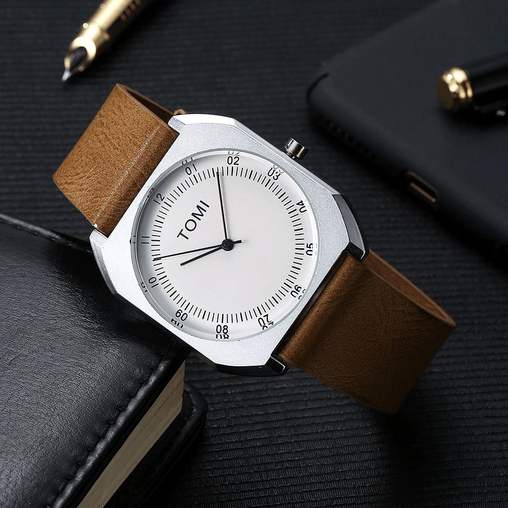 Tomi Mode Herenhorloge Ultradunne Wijzerplaat Casual Lederen Band Quartz Horloge