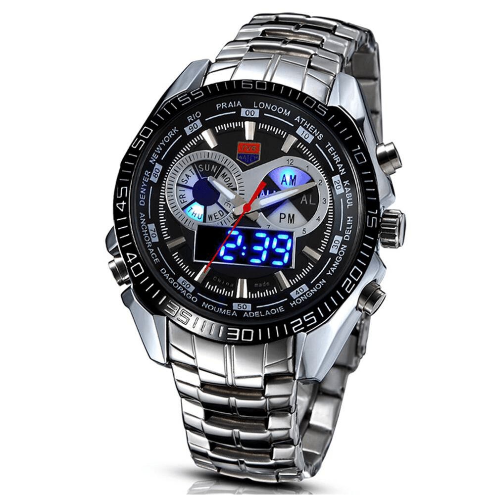 Tvg 468 Heren Luxe Stalen Band Datum Lichtgevende Display Mode Sport Dual Display Digitaal Horloge