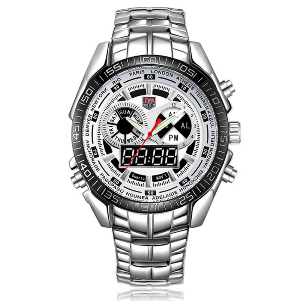 Tvg 468 Heren Luxe Stalen Band Datum Lichtgevende Display Mode Sport Dual Display Digitaal Horloge