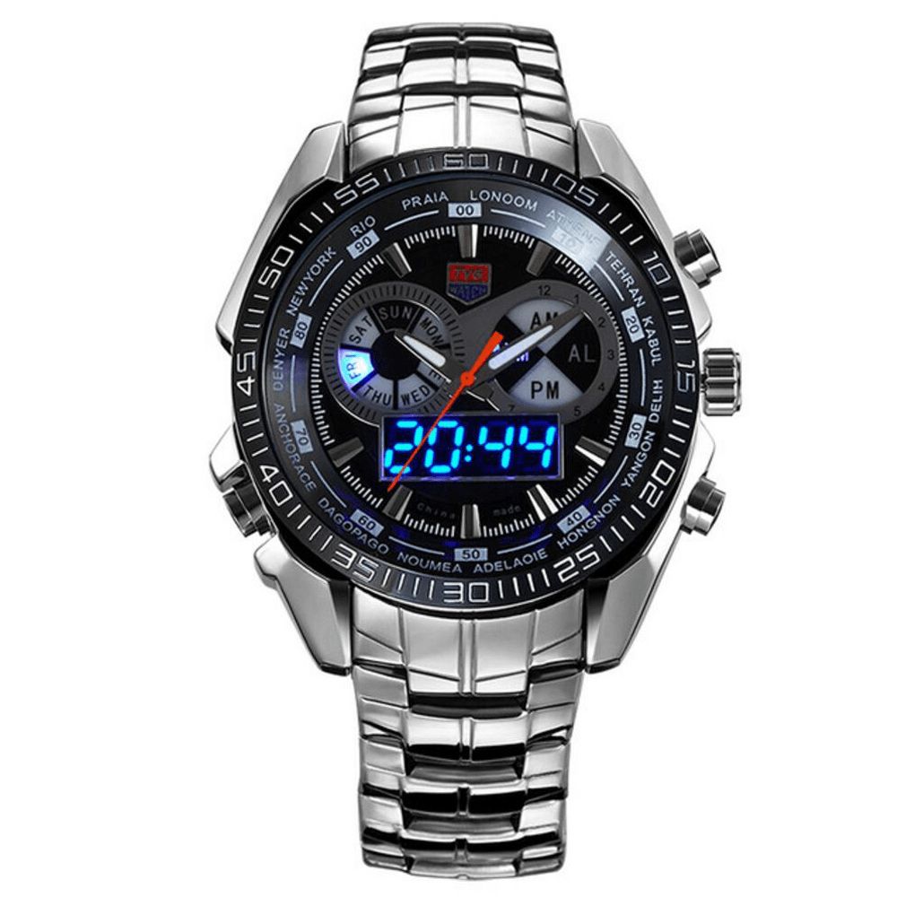 Tvg 468 Heren Luxe Stalen Band Datum Lichtgevende Display Mode Sport Dual Display Digitaal Horloge