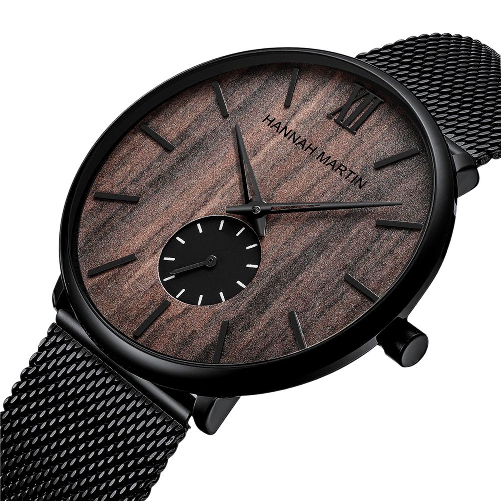 Ultradunne Heren Zakelijk Horloge Ebbenhout Houtnerf Bamboe Houten Wijzerplaat Waterdicht Roestvrij Stalen Mesh Band Quartz Horloge