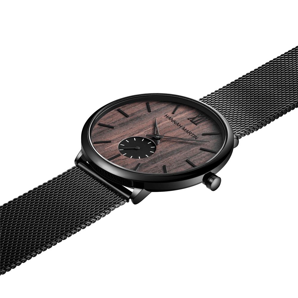 Ultradunne Heren Zakelijk Horloge Ebbenhout Houtnerf Bamboe Houten Wijzerplaat Waterdicht Roestvrij Stalen Mesh Band Quartz Horloge