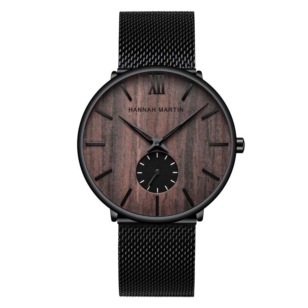 Ultradunne Heren Zakelijk Horloge Ebbenhout Houtnerf Bamboe Houten Wijzerplaat Waterdicht Roestvrij Stalen Mesh Band Quartz Horloge