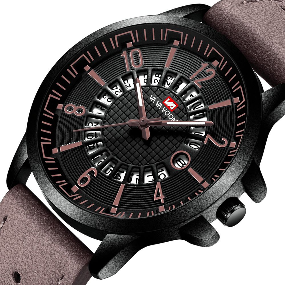 Va Va Voom Va-206 Casual Stijl Datumweergave Buiten Quartz Horloge Lederen Band Herenhorloge