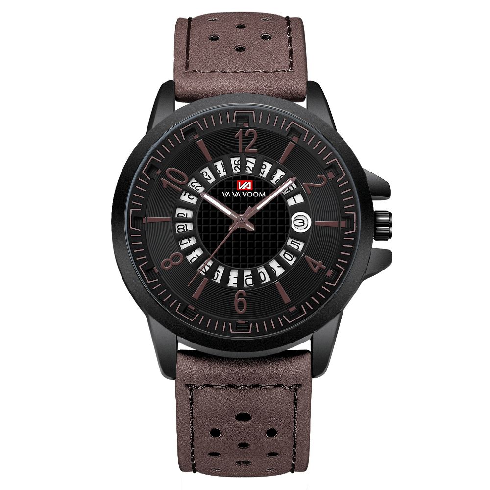 Va Va Voom Va-206 Casual Stijl Datumweergave Buiten Quartz Horloge Lederen Band Herenhorloge