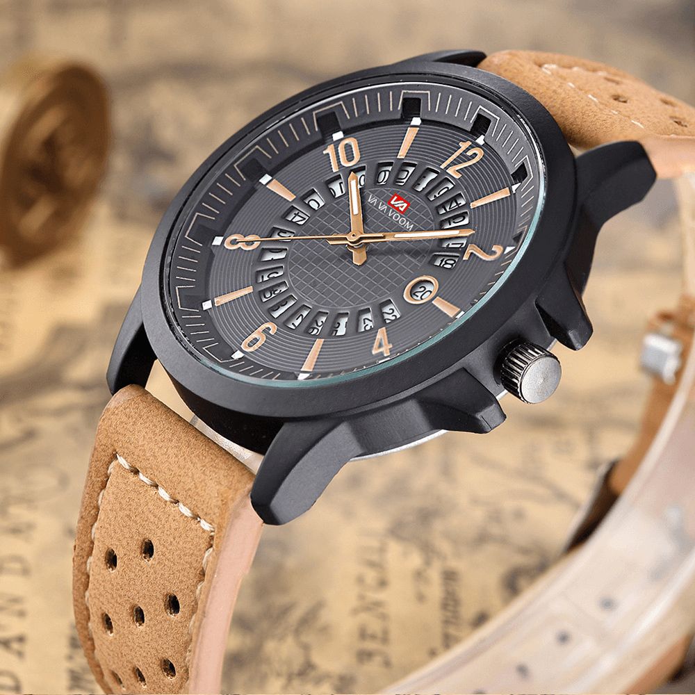 Va Va Voom Va-206 Casual Stijl Datumweergave Buiten Quartz Horloge Lederen Band Herenhorloge