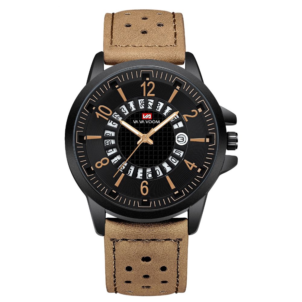 Va Va Voom Va-206 Casual Stijl Datumweergave Buiten Quartz Horloge Lederen Band Herenhorloge