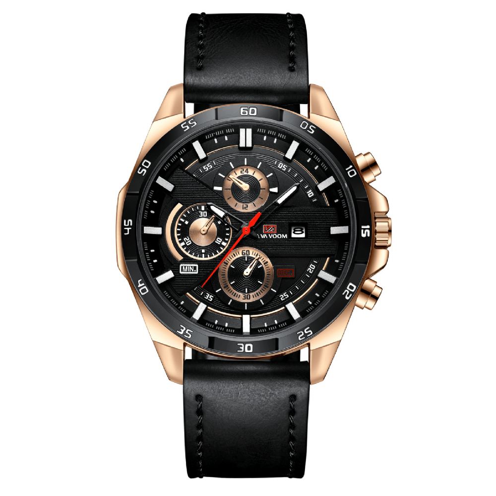 Va Va Voom Va-216 Mode Herenhorloge 3Atm Waterdicht Datumweergave Lederen Band Quartz Horloge