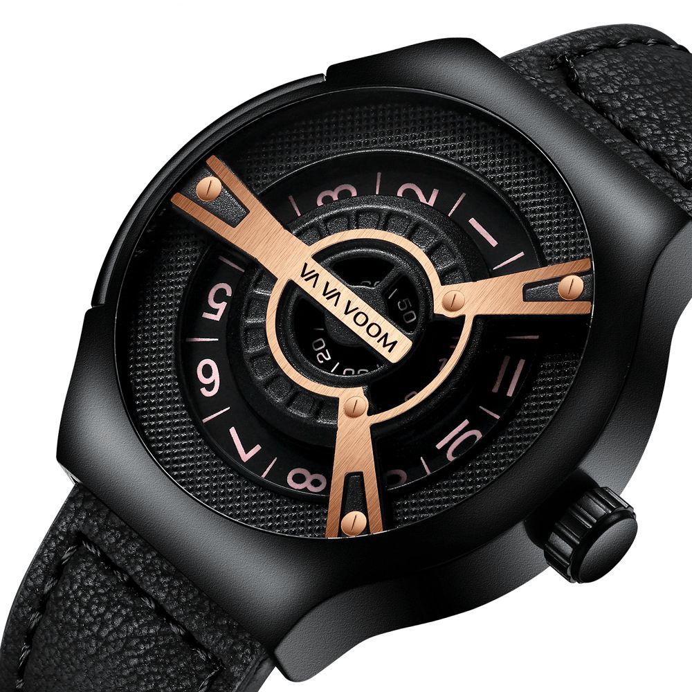 Va Va Voom Va-275 3Atm Waterdichte Creatieve Wijzerplaat Lederen Band Mode Heren Quartz Horloge