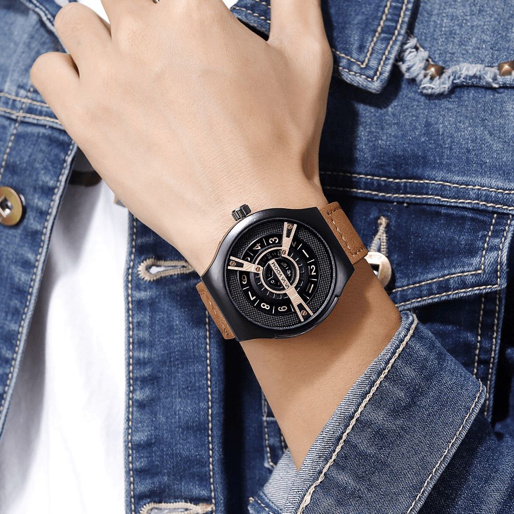 Va Va Voom Va-275 3Atm Waterdichte Creatieve Wijzerplaat Lederen Band Mode Heren Quartz Horloge