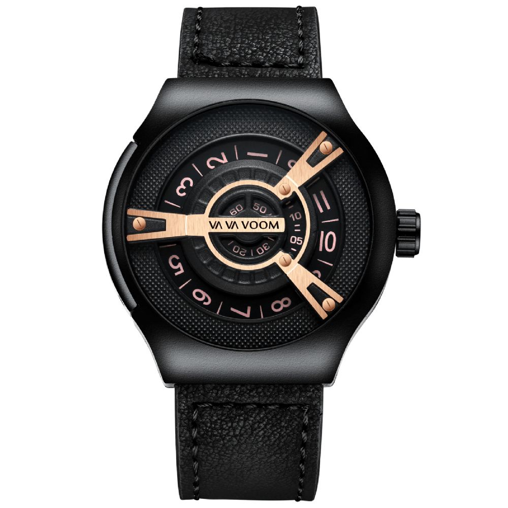 Va Va Voom Va-275 3Atm Waterdichte Creatieve Wijzerplaat Lederen Band Mode Heren Quartz Horloge