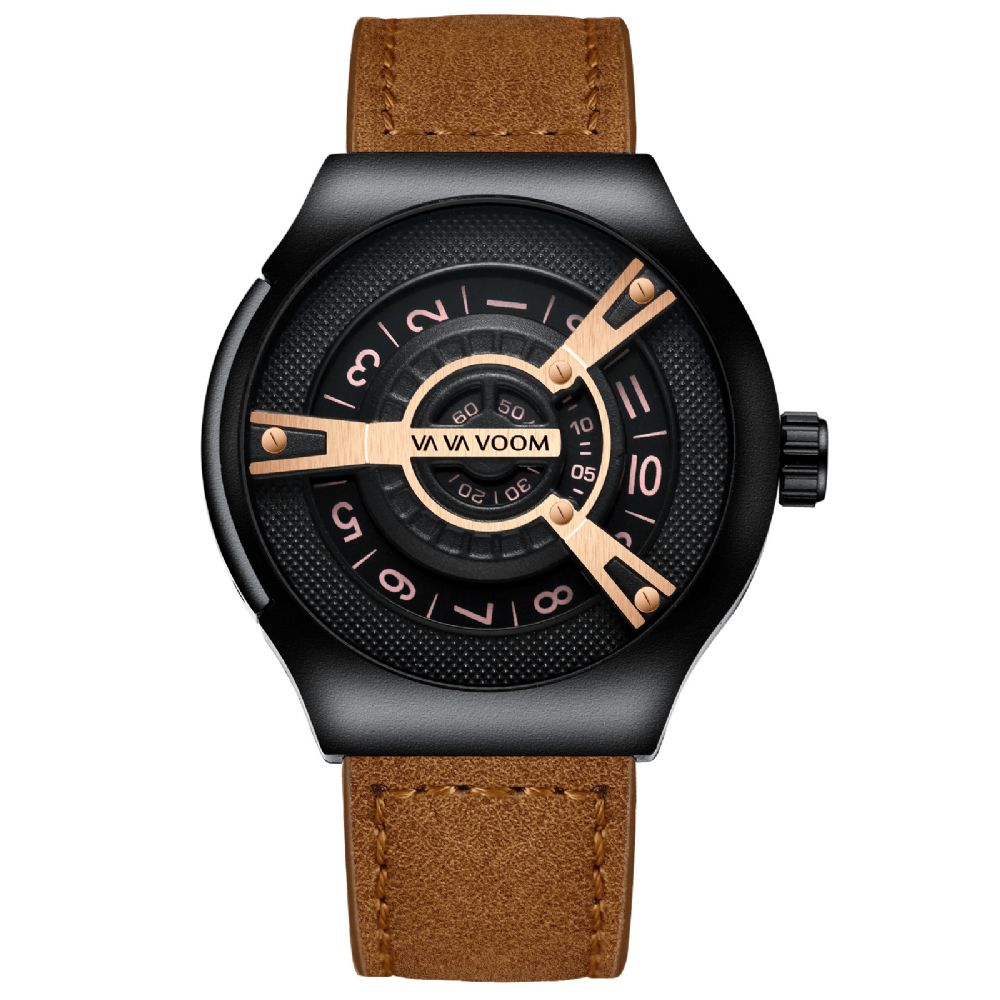 Va Va Voom Va-275 3Atm Waterdichte Creatieve Wijzerplaat Lederen Band Mode Heren Quartz Horloge