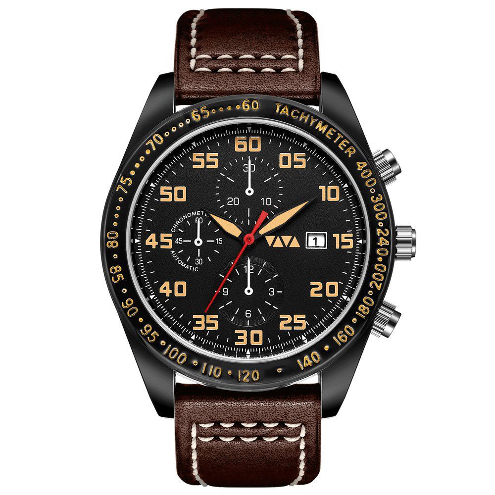 Vava Voom Sport Casual Met Datumweergave Kleine Decoratieve Wijzerplaat Lederen Band 3Atm Waterdicht Heren Quartzhorloge