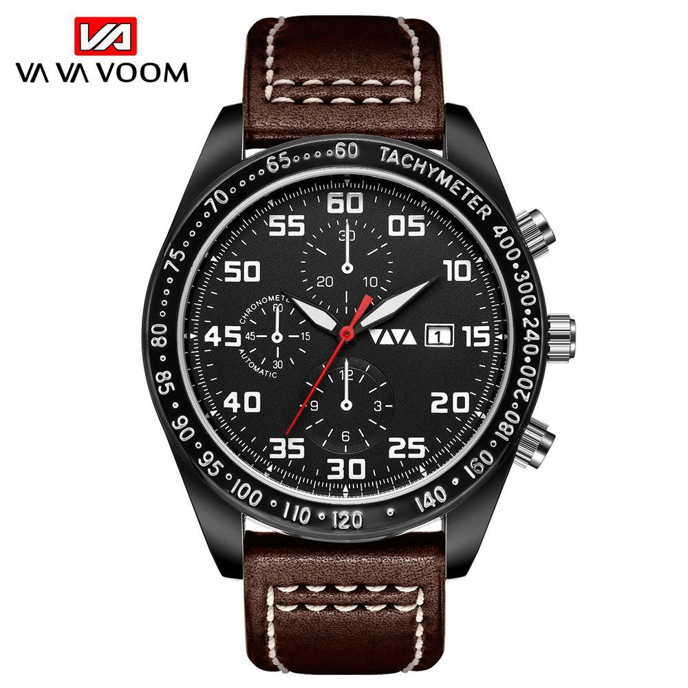 Vava Voom Sport Casual Met Datumweergave Kleine Decoratieve Wijzerplaat Lederen Band 3Atm Waterdicht Heren Quartzhorloge