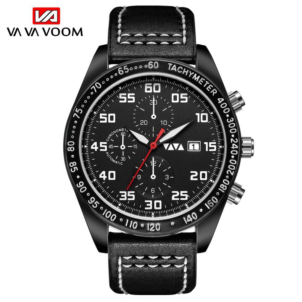 Vava Voom Sport Casual Met Datumweergave Kleine Decoratieve Wijzerplaat Lederen Band 3Atm Waterdicht Heren Quartzhorloge