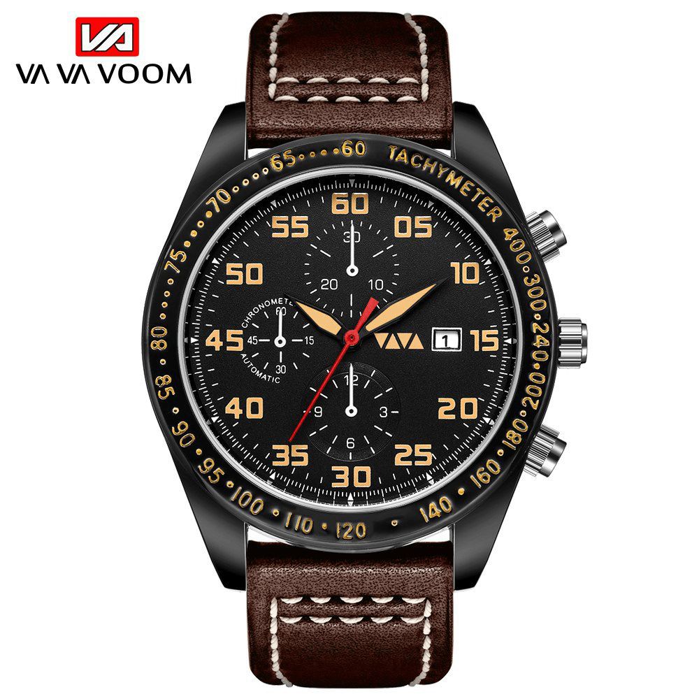 Vava Voom Sport Casual Met Datumweergave Kleine Decoratieve Wijzerplaat Lederen Band 3Atm Waterdicht Heren Quartzhorloge